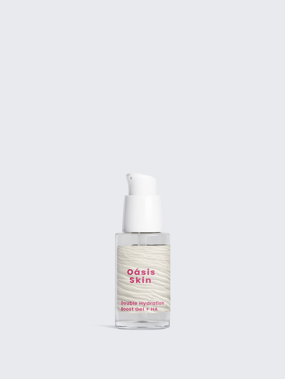 Clear glass bottle of Radiant Vitamin C Serum with a white pump top, featuring a textured label in soft tones and pink text.