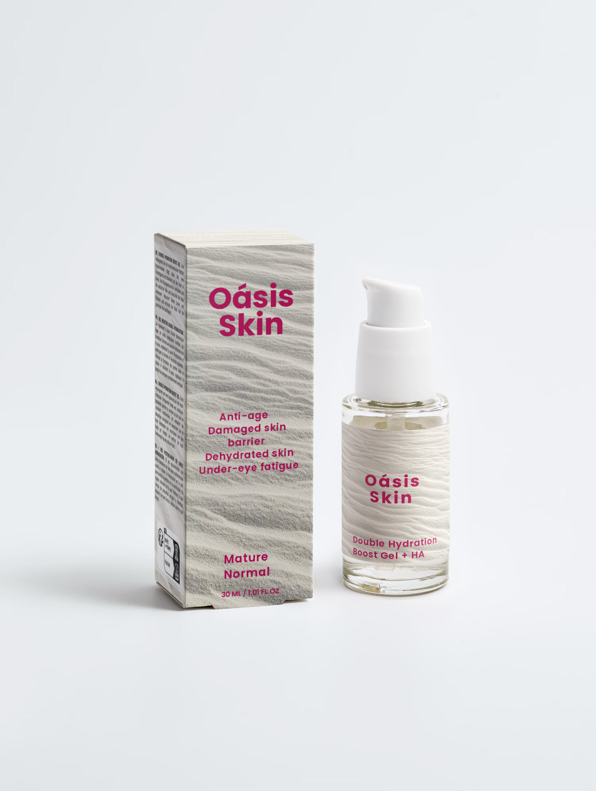 Radiant Vitamin C Serum in a clear glass bottle with a white pump, surrounded by its light-colored box featuring pink text.