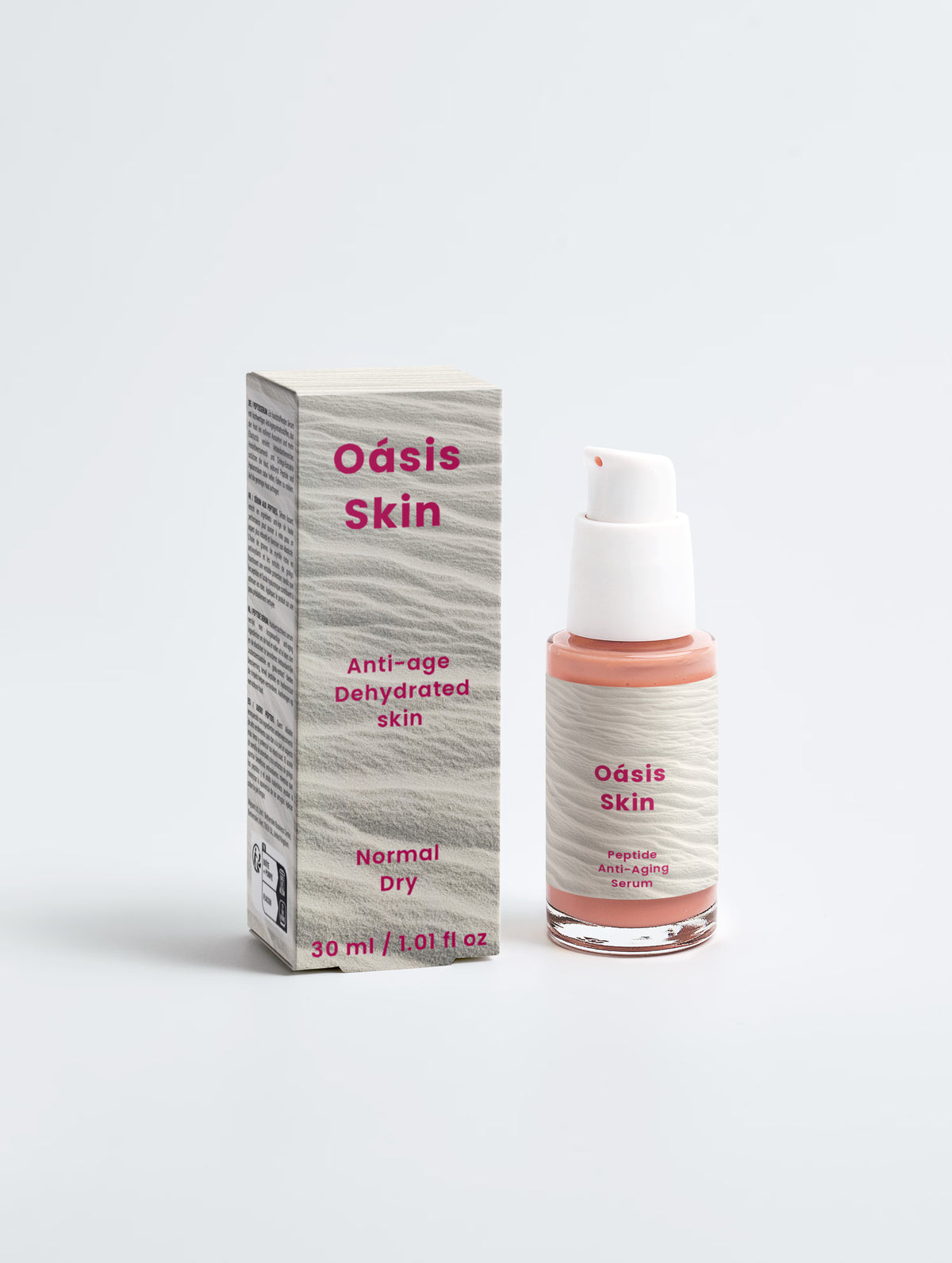 Peptide Anti-Aging Serum in a clear glass bottle with a pink cap, alongside a patterned box labeled "Oásis Skin.