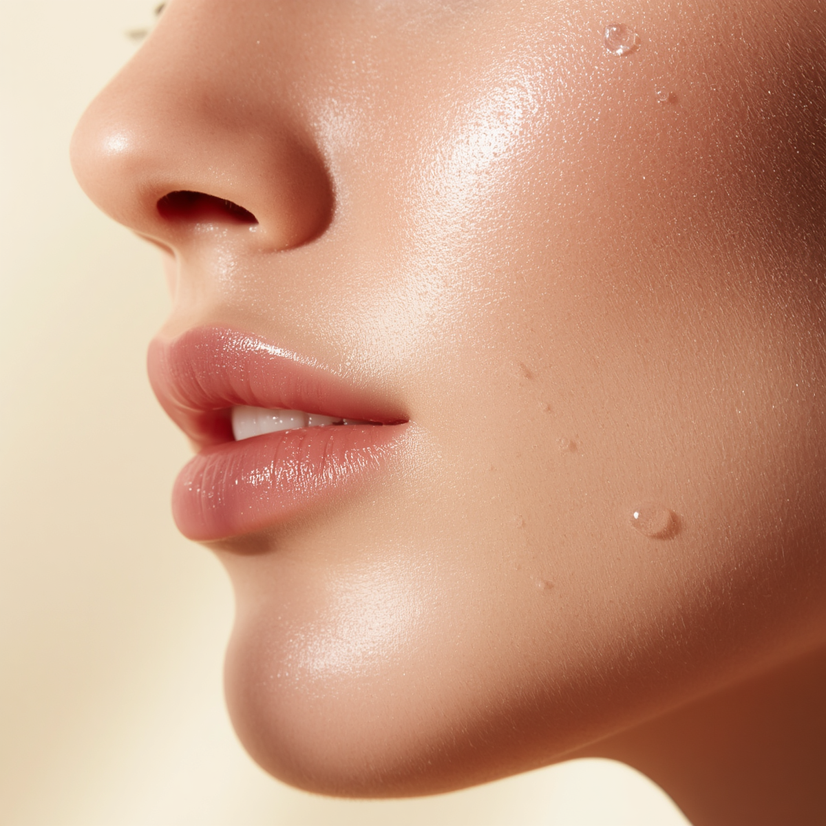 Close-up of a model's face showcasing glowing skin with a subtle sheen, featuring droplets of serum on the cheek.