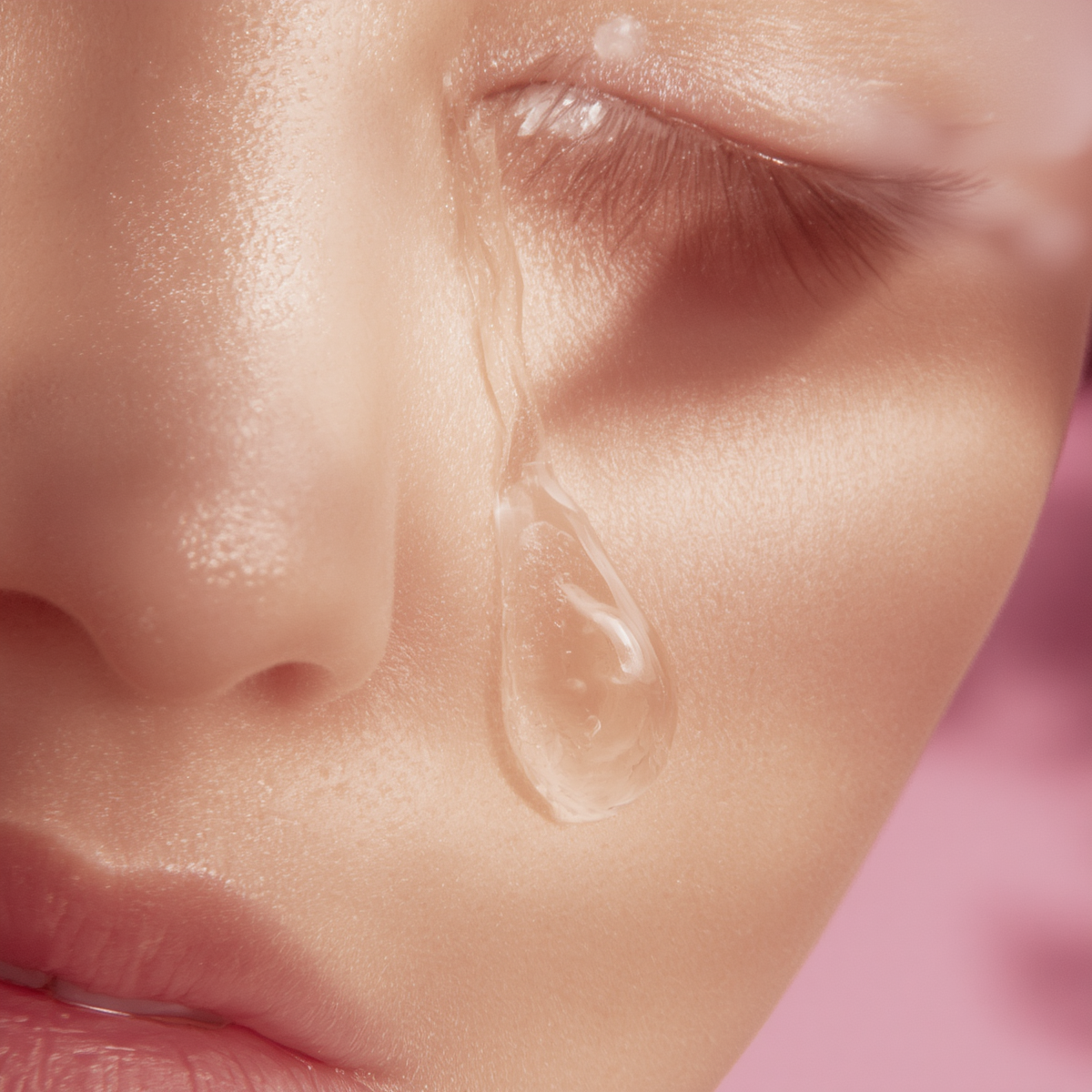 A close-up of a face with a transparent drop of facial serum resting on the cheek, against a soft pink background.