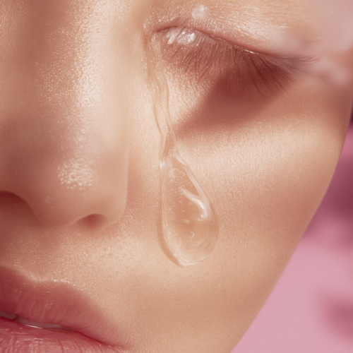 A close-up of a face with a transparent drop of facial serum resting on the cheek, against a soft pink background.