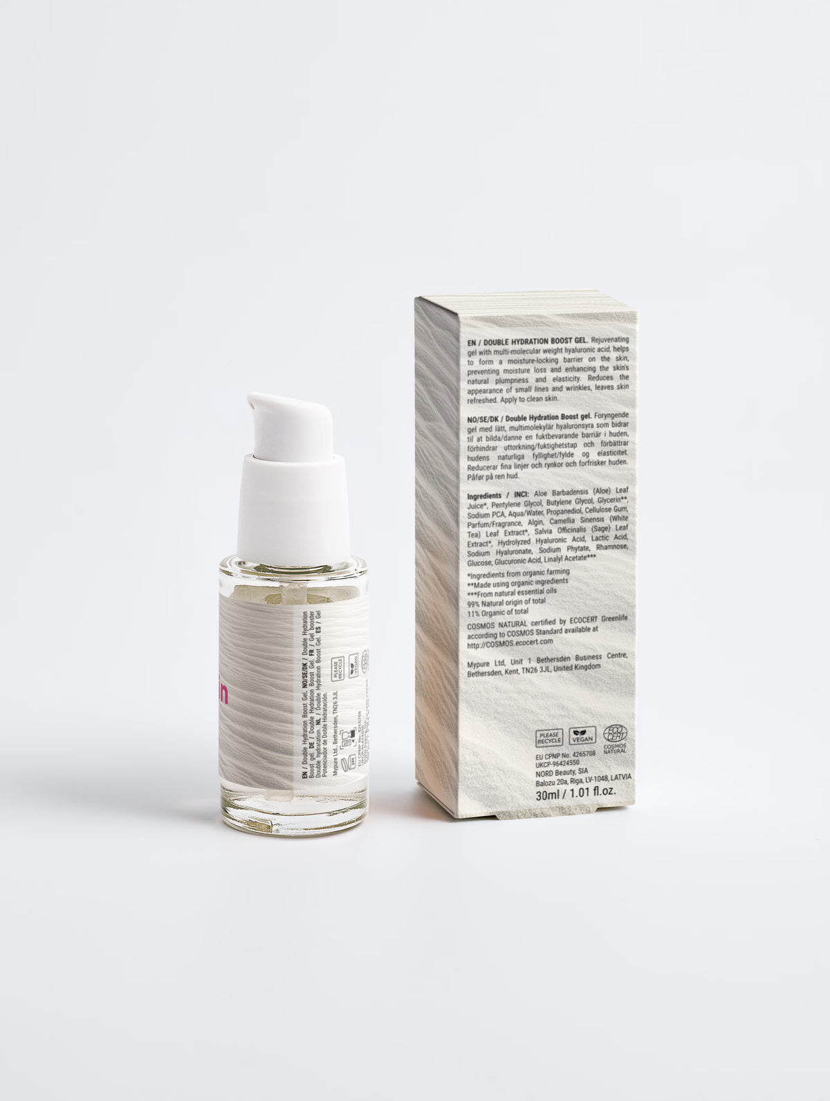 Radiant Vitamin C Serum in a clear glass bottle with a white pump, featuring a textured white box.