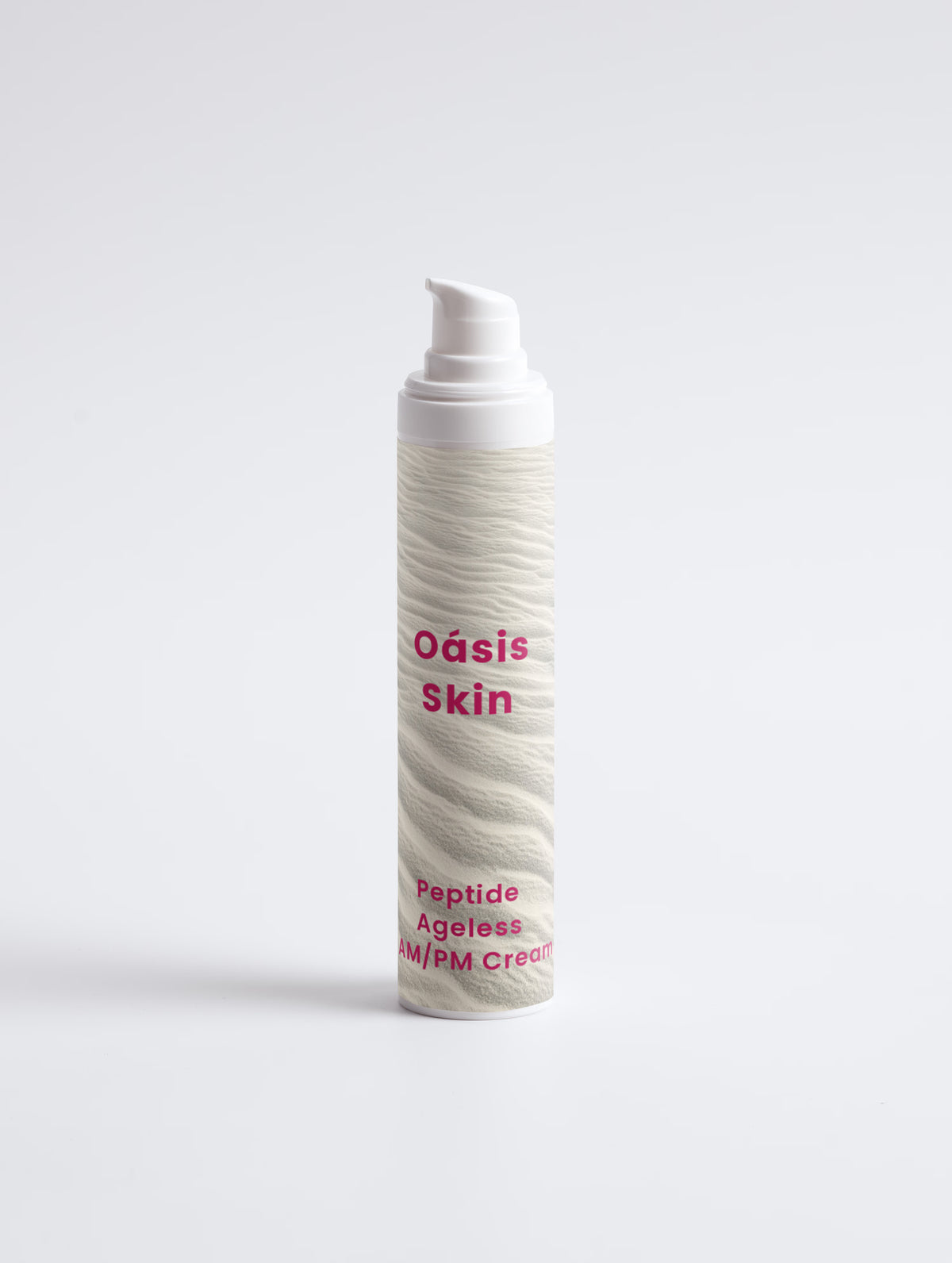 Peptide Ageless AM/PM Cream in a pump bottle with a textured white design and pink text on a white background.