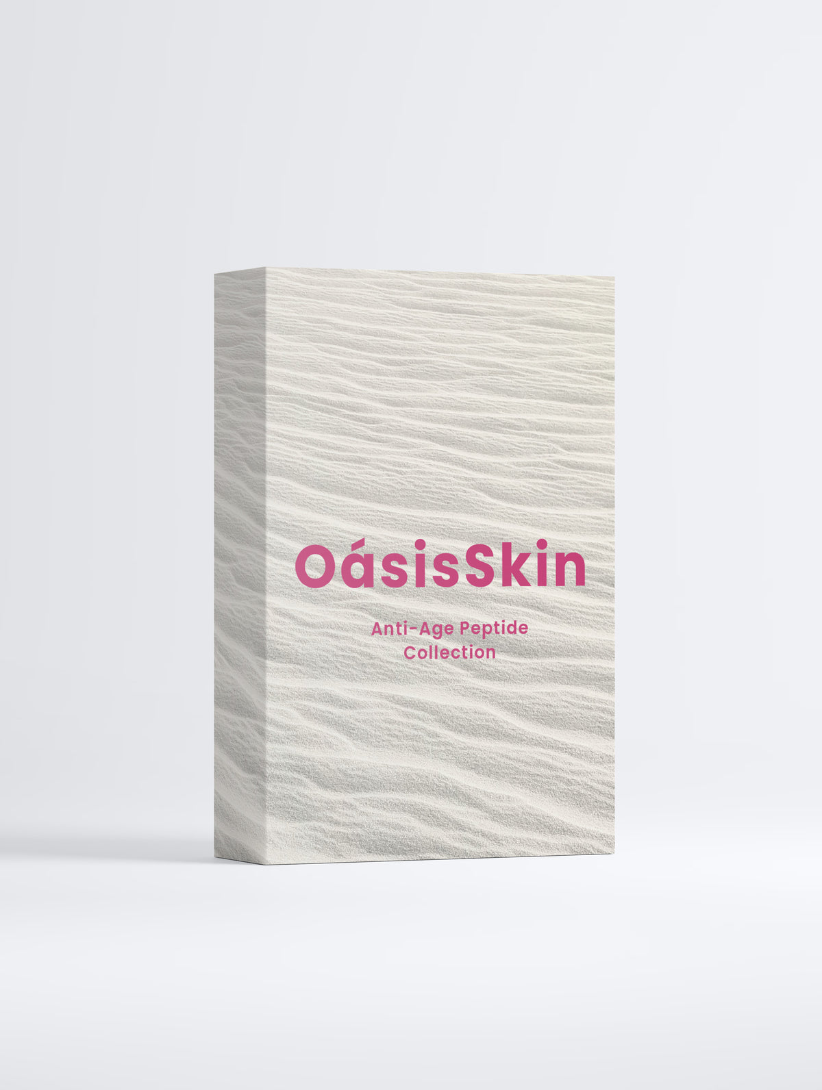 White box with wave texture, featuring bold pink text: "OásisSkin Anti-Age Peptide Collection.