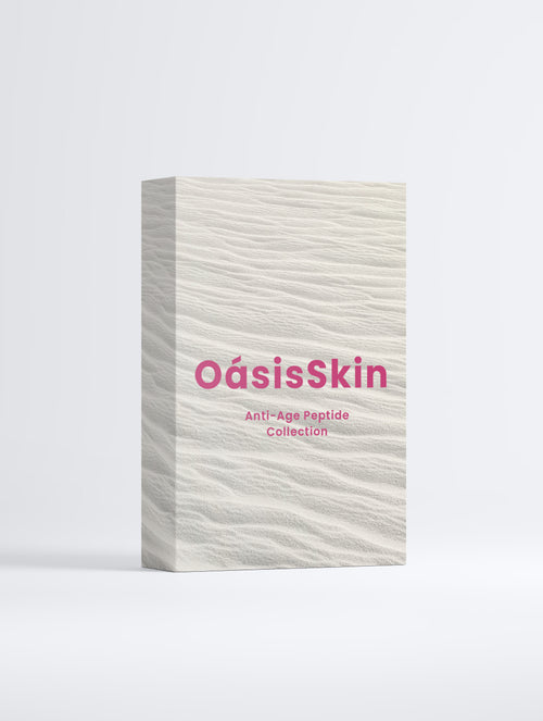 White box with wave texture, featuring bold pink text: "OásisSkin Anti-Age Peptide Collection.