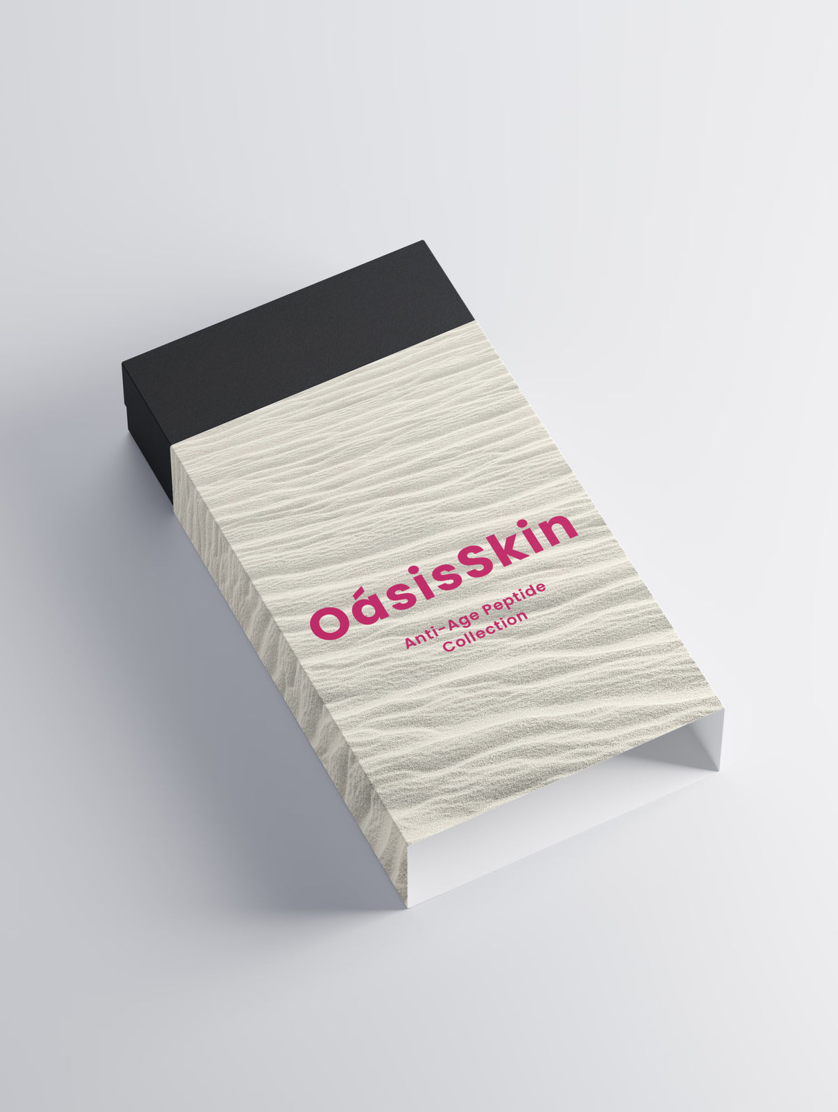 Oásis Anti-Age Peptide Collection box featuring a textured cream design and bold pink lettering on a black top.